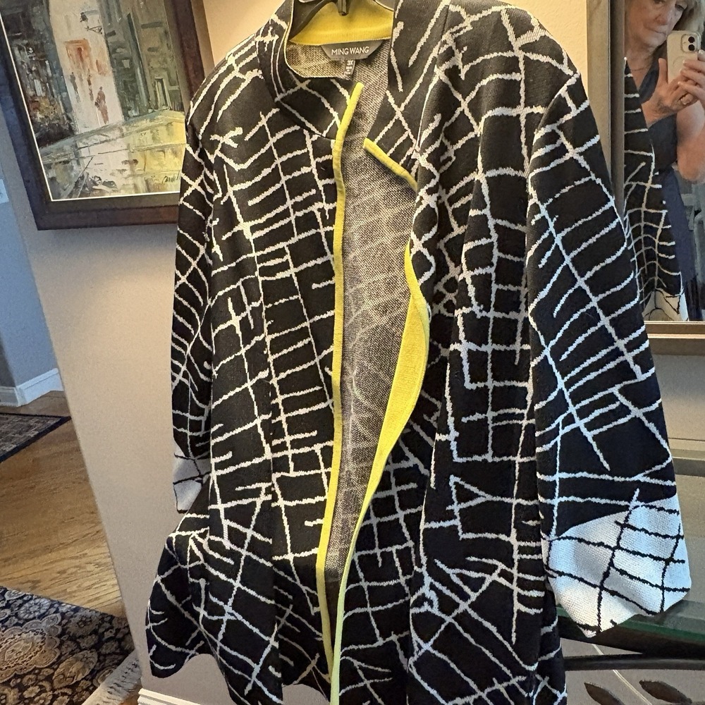 Ming Wang Cardigan Womens 3X Black Open Front Knit Contrast Yellow Trim Plus SZ